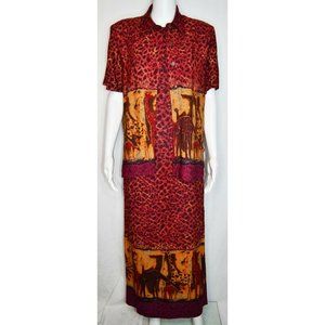 Vintage 80s Karin Stevens Two Piece Giraffe Print Maxi Dress With Shirt Size 10